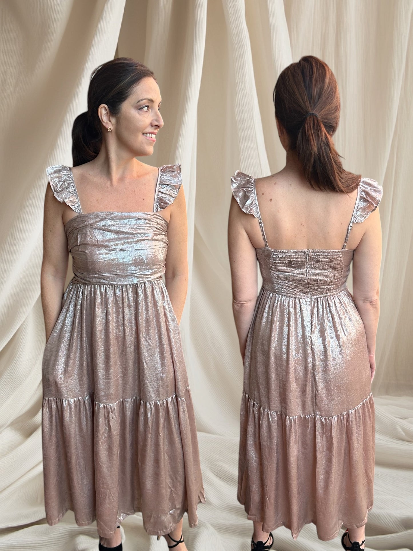 Metallic Ruched Midi Dress - Pink Peonies