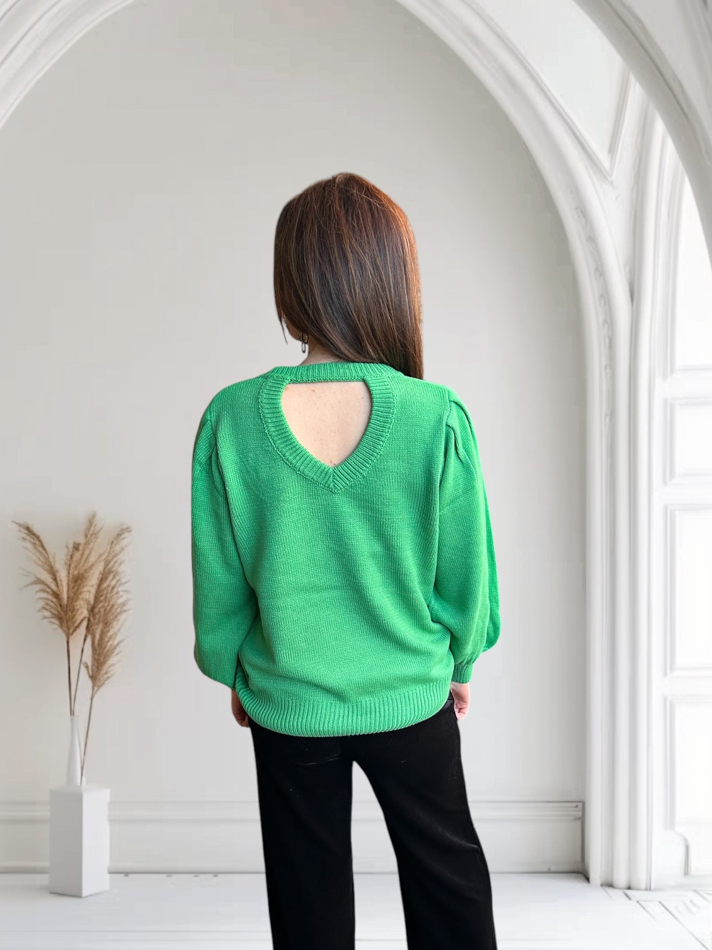 Green Cut Out Back Crew Neck Knitted Sweater - Pink Peonies