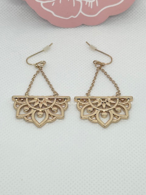 Gold Dangle Lotus Earrings - Pink Peonies