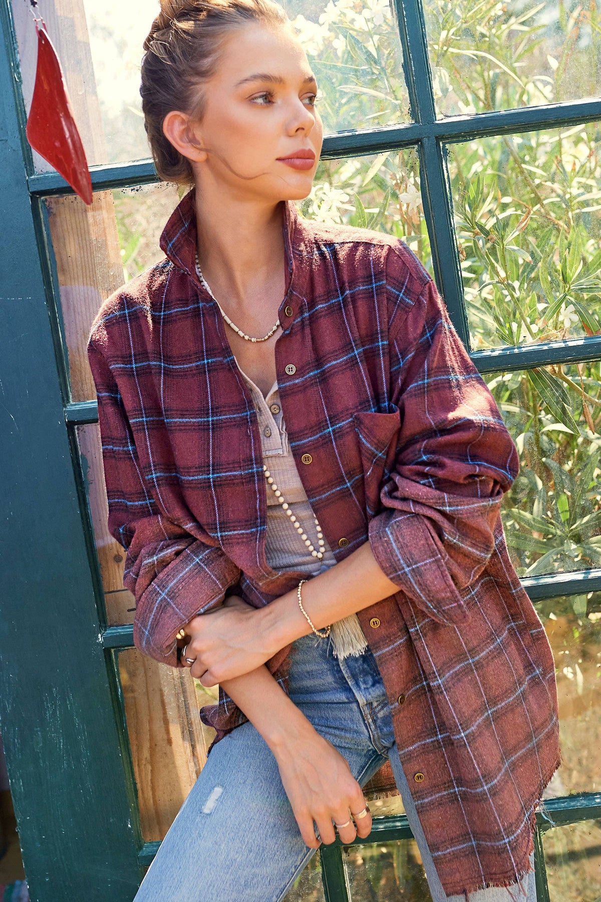 SRT1329-Two-Tone Washed Plaid Button Down Shirts Fall: Chocolate / L - Pink Peonies