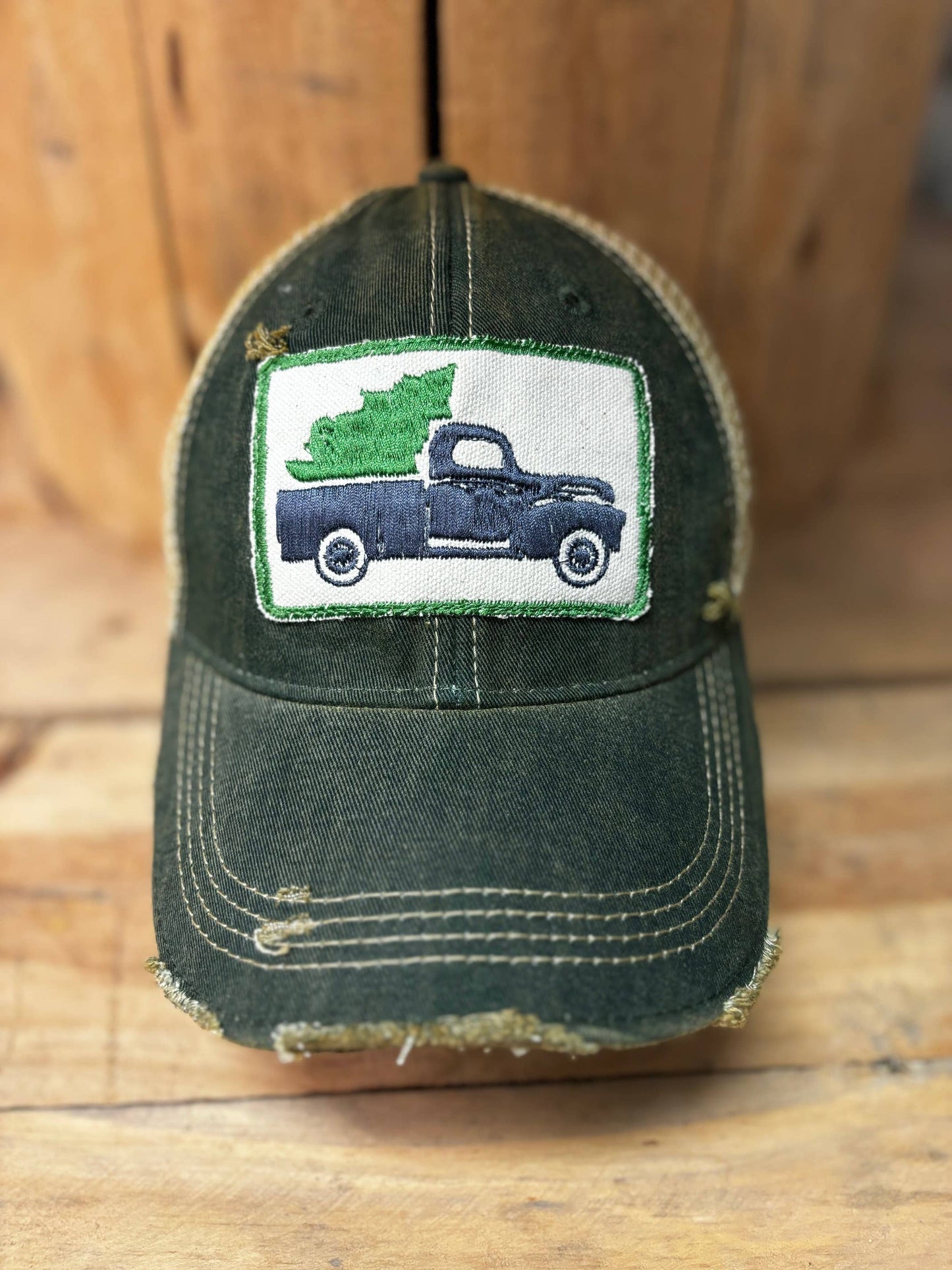 Tree Farm Pickup Truck Mesh Back Distressed Baseball Hat - Pink Peonies