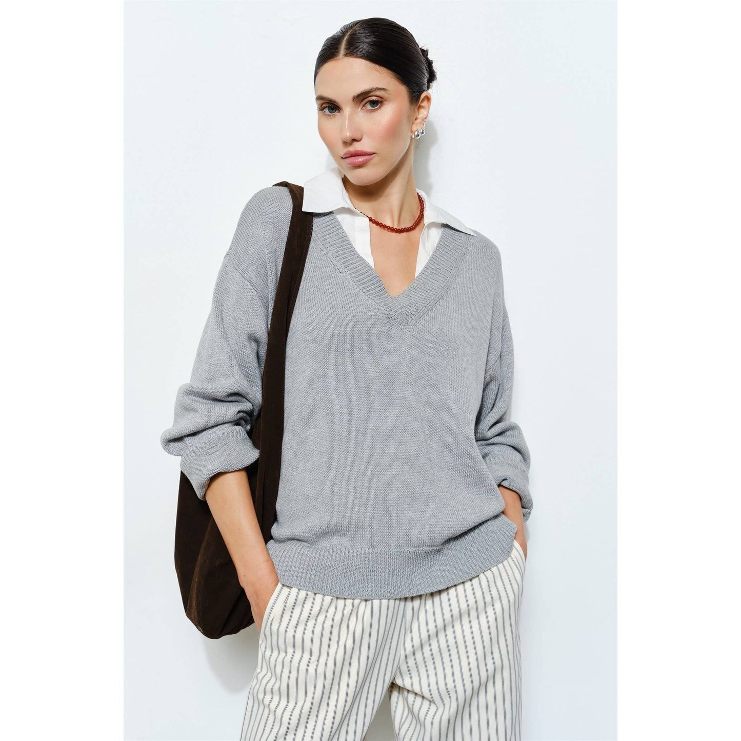 Grey V-Neck Sweater with Attached White Collar