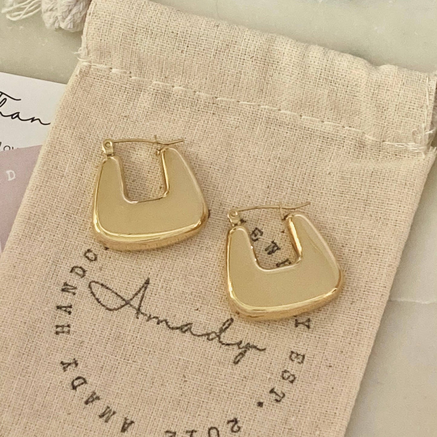 Lightweight gold chunky hoop earring gold plated waterproof - Pink Peonies
