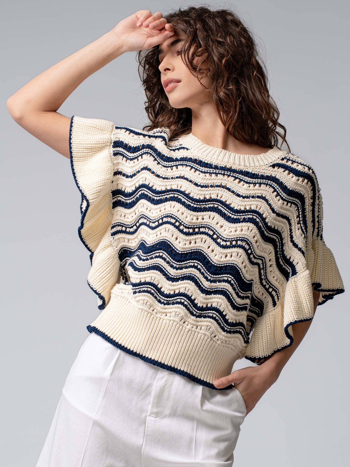 Ruffle Sleeve Wave Knit Sweater