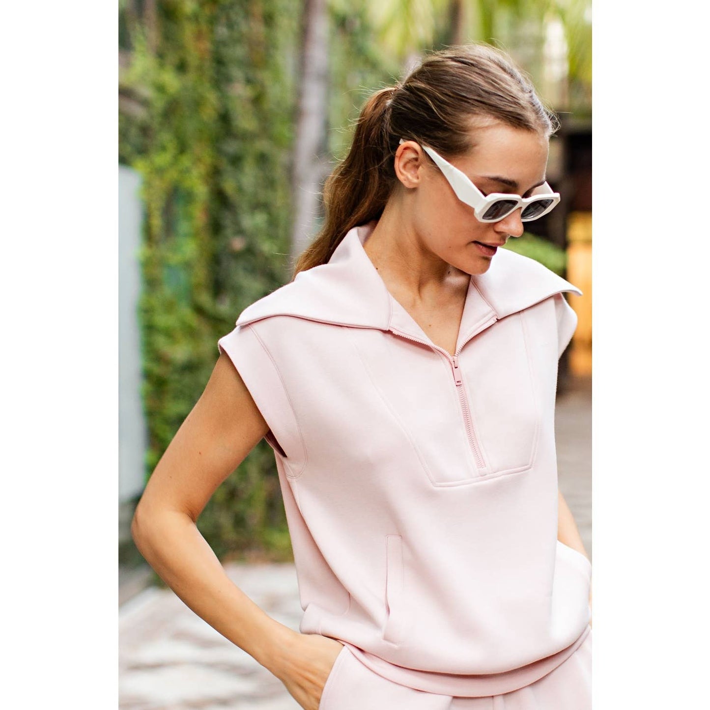 Modal Short Sleeve Quarter Zip Sleeveless Top: Baby Pink - Pink Peonies