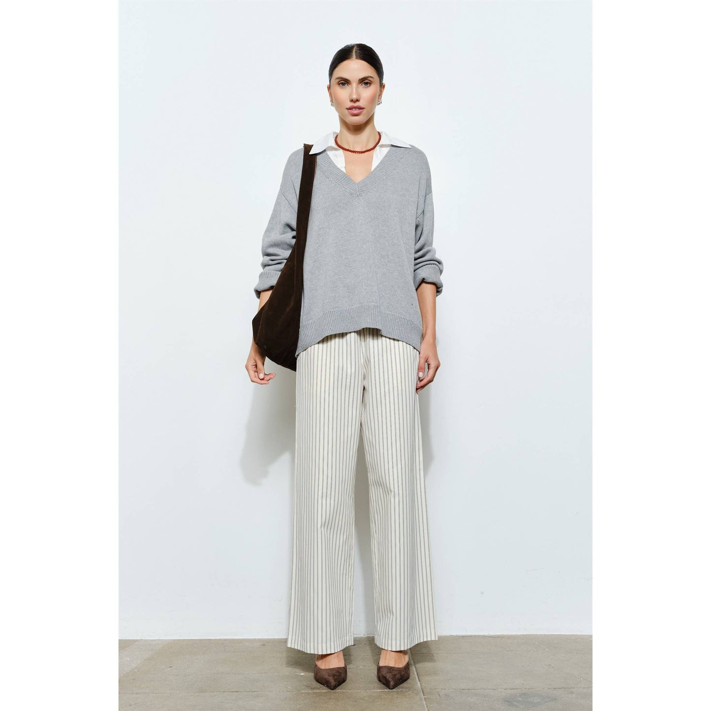 Grey V-Neck Sweater with Attached White Collar