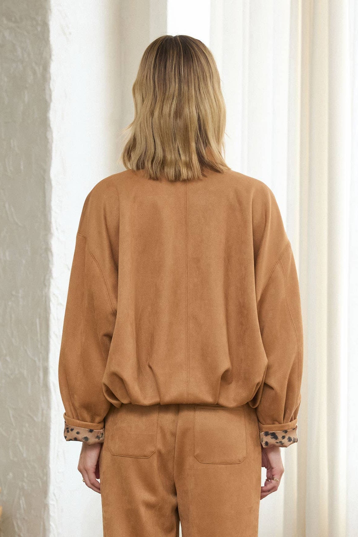 Faux Suede Bubble Hem Jacket: Camel - Pink Peonies
