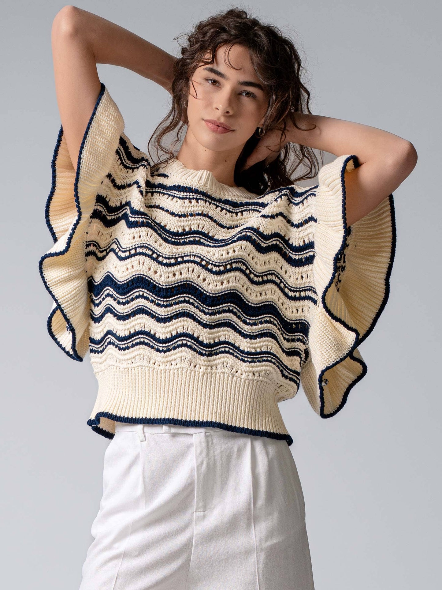 Ruffle Sleeve Wave Knit Sweater