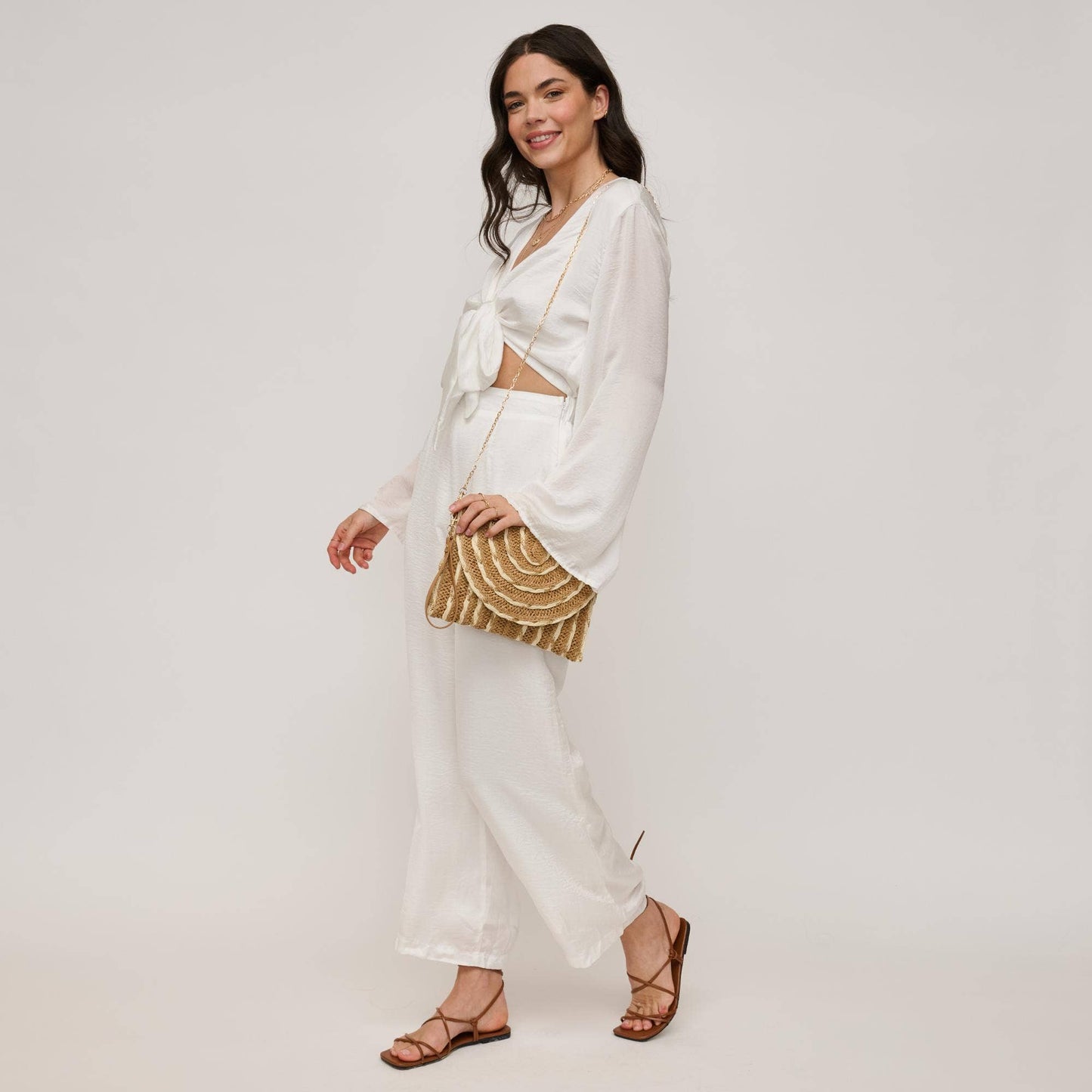 Golden Hour Ruffle Natural Ivory Clutch - Pink Peonies