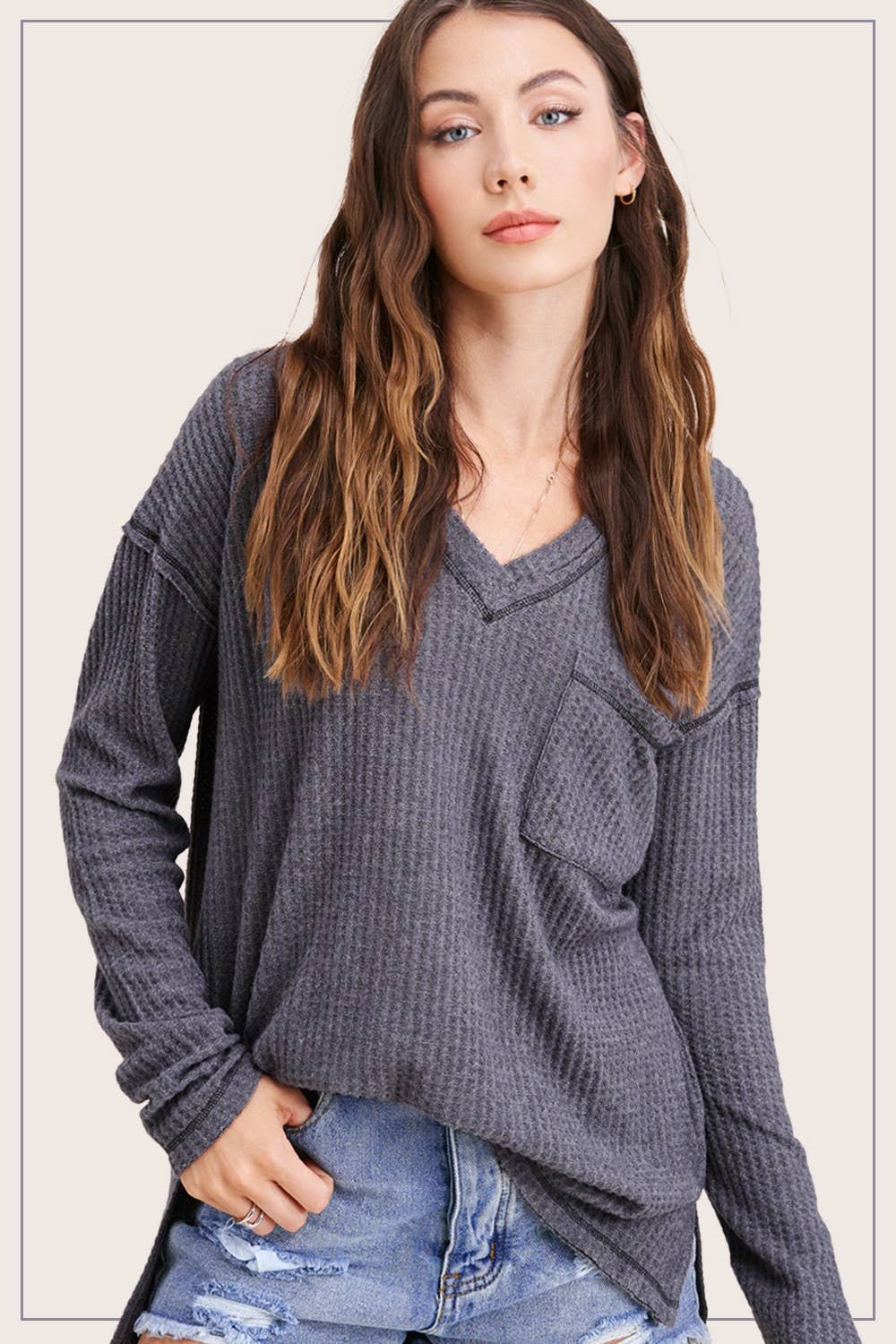 JAT7555-Stretchy Brushed Waffle V-neck Long Sleeve Top: Carbon / L - Pink Peonies