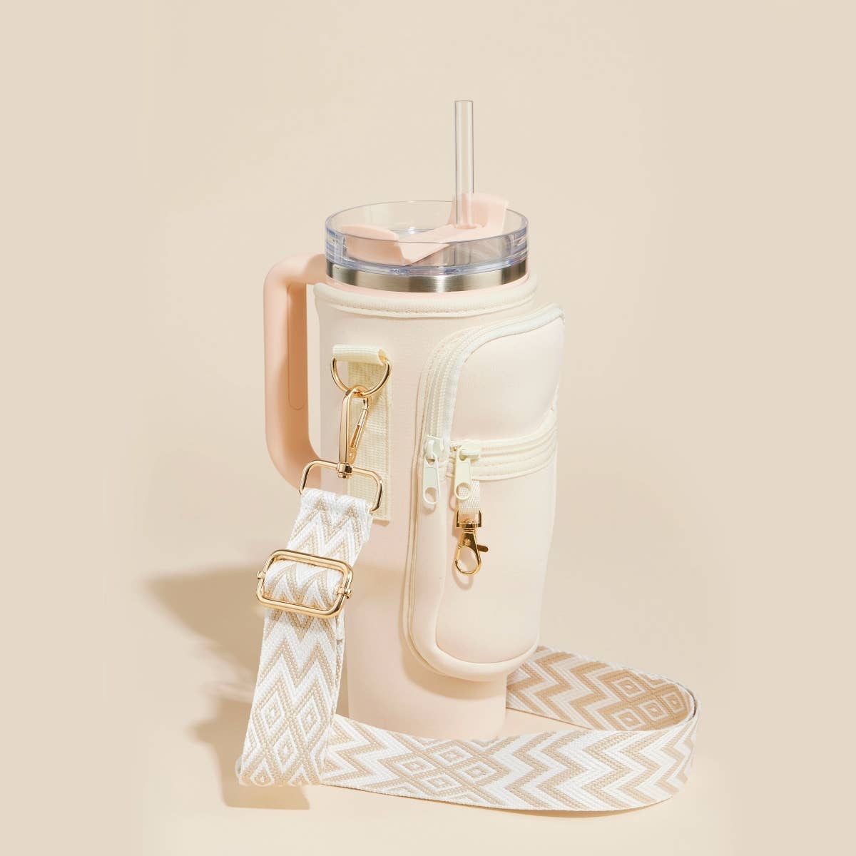 Dual Strap Fit-Cooler™ Sling Tumbler Crossbody Bag: Ivory - Pink Peonies