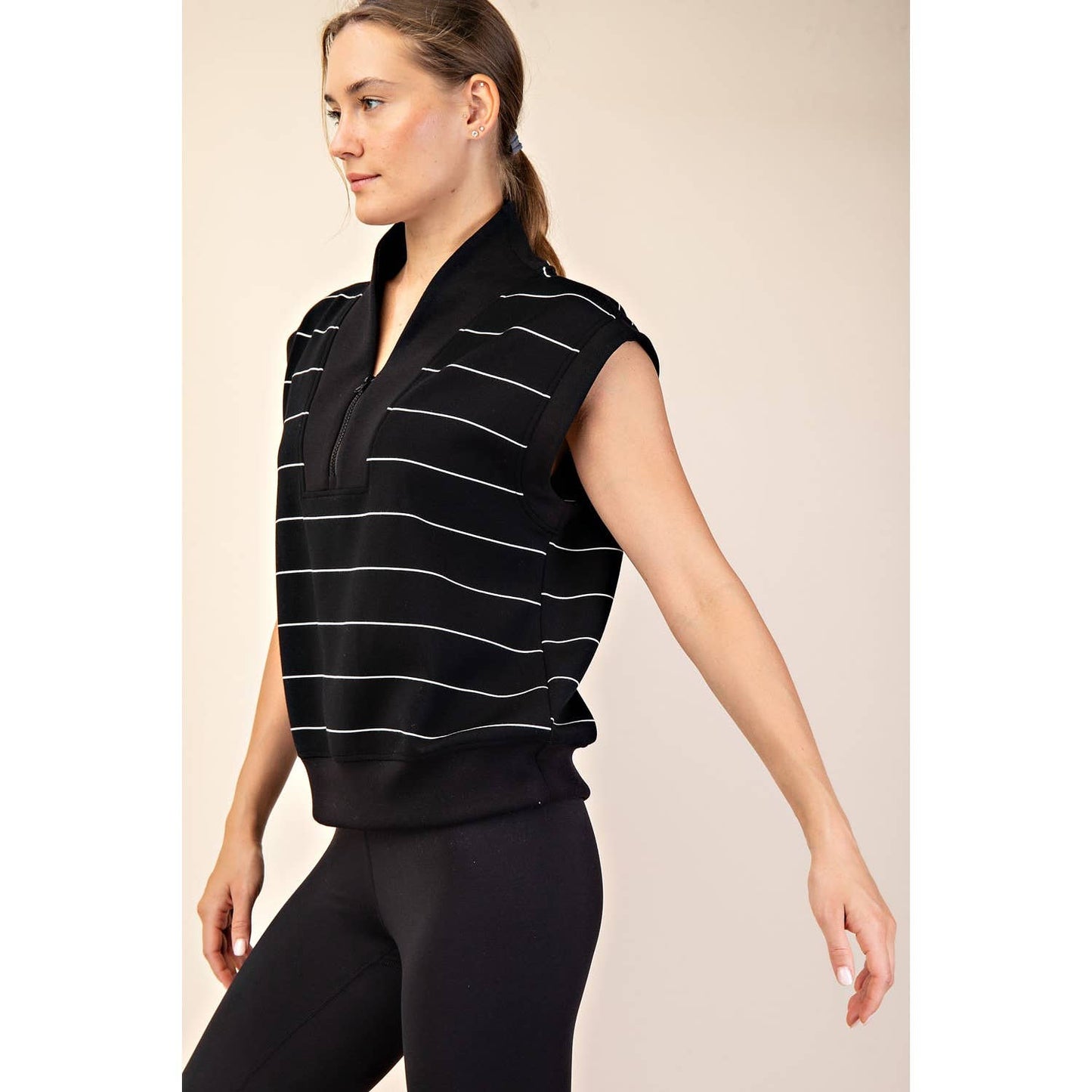 Modal Scuba Stripe Luxe V Neck Sleeveless Top: Black & Cream - Pink Peonies