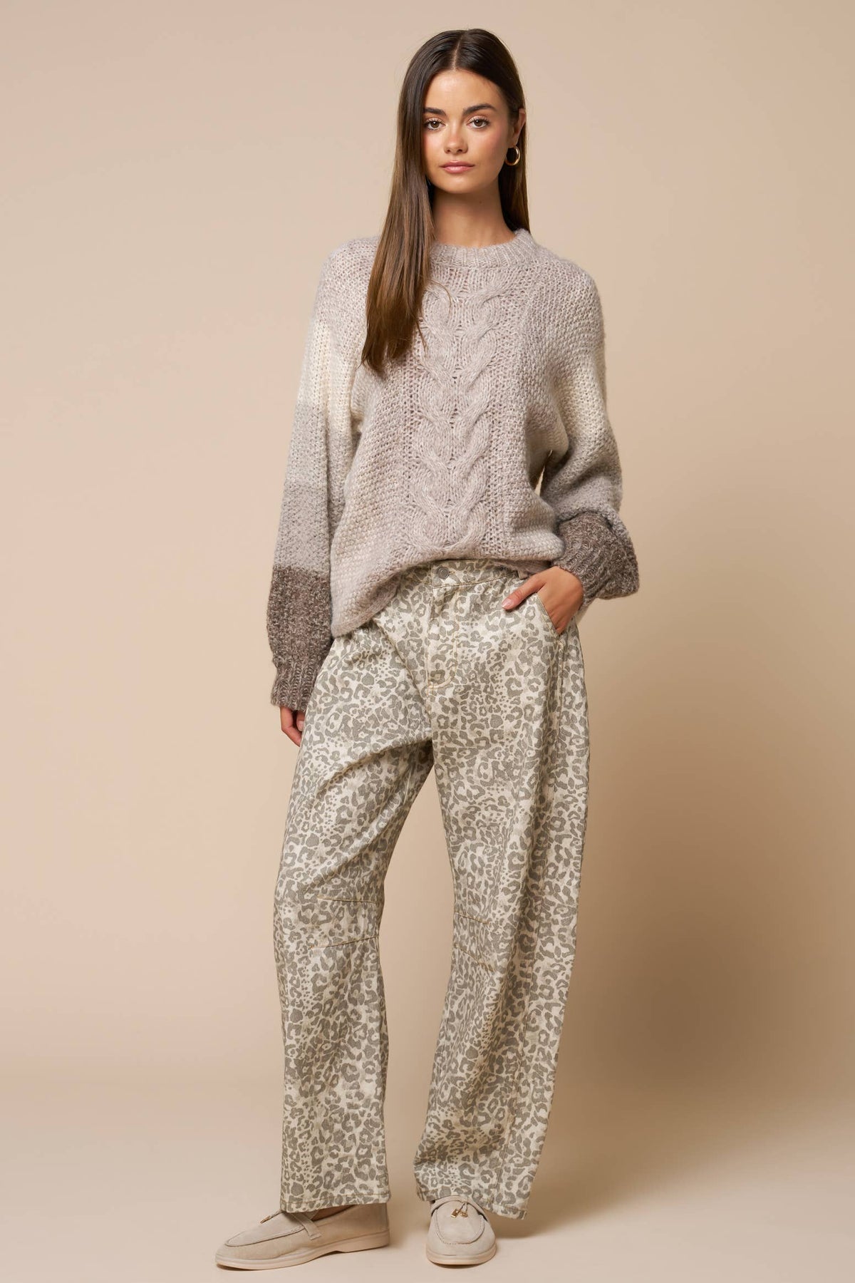 Color Block Cable Knit Sweater: TAUPE / L - Pink Peonies