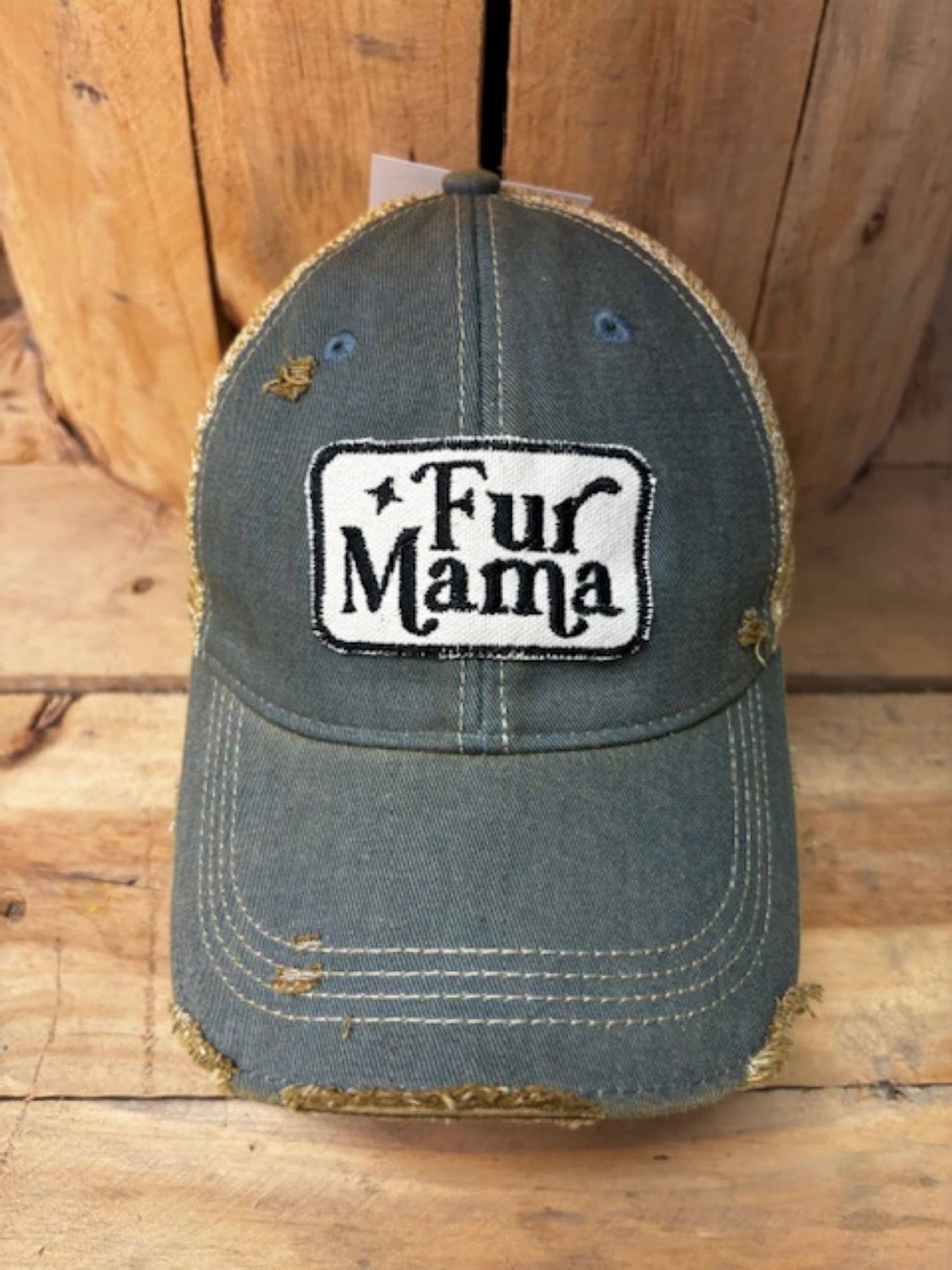 Distressed Fur Mama Embroidered Patch Mesh Back Baseball Hat - Pink Peonies
