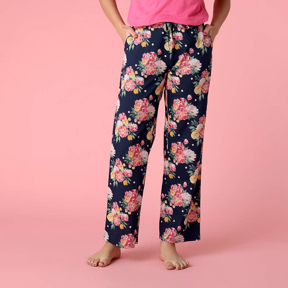 Blue Floral Lightweight Cotton Pajama Pants in a Bag - Pink Peonies