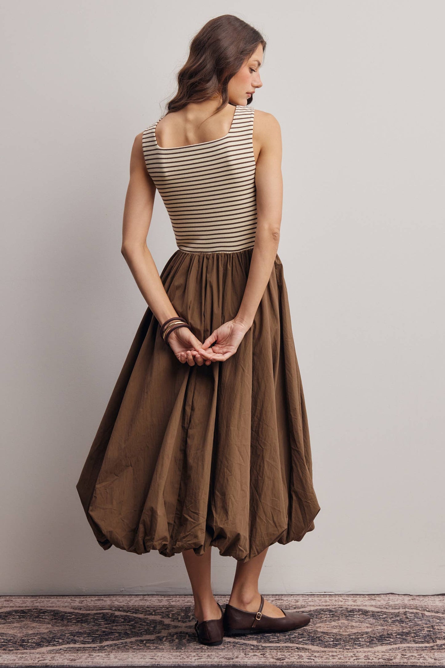 Striped Knit Bodice Bubble Midi Dress - Pink Peonies