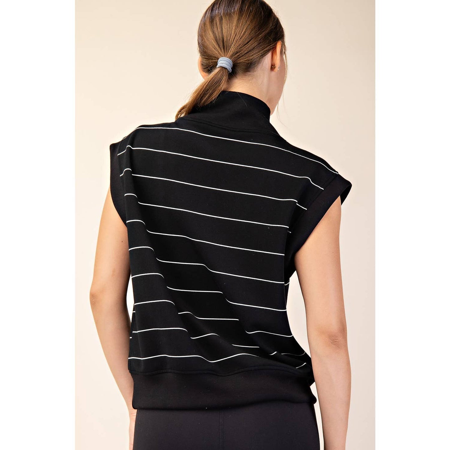Modal Scuba Stripe Luxe V Neck Sleeveless Top: Black & Cream - Pink Peonies