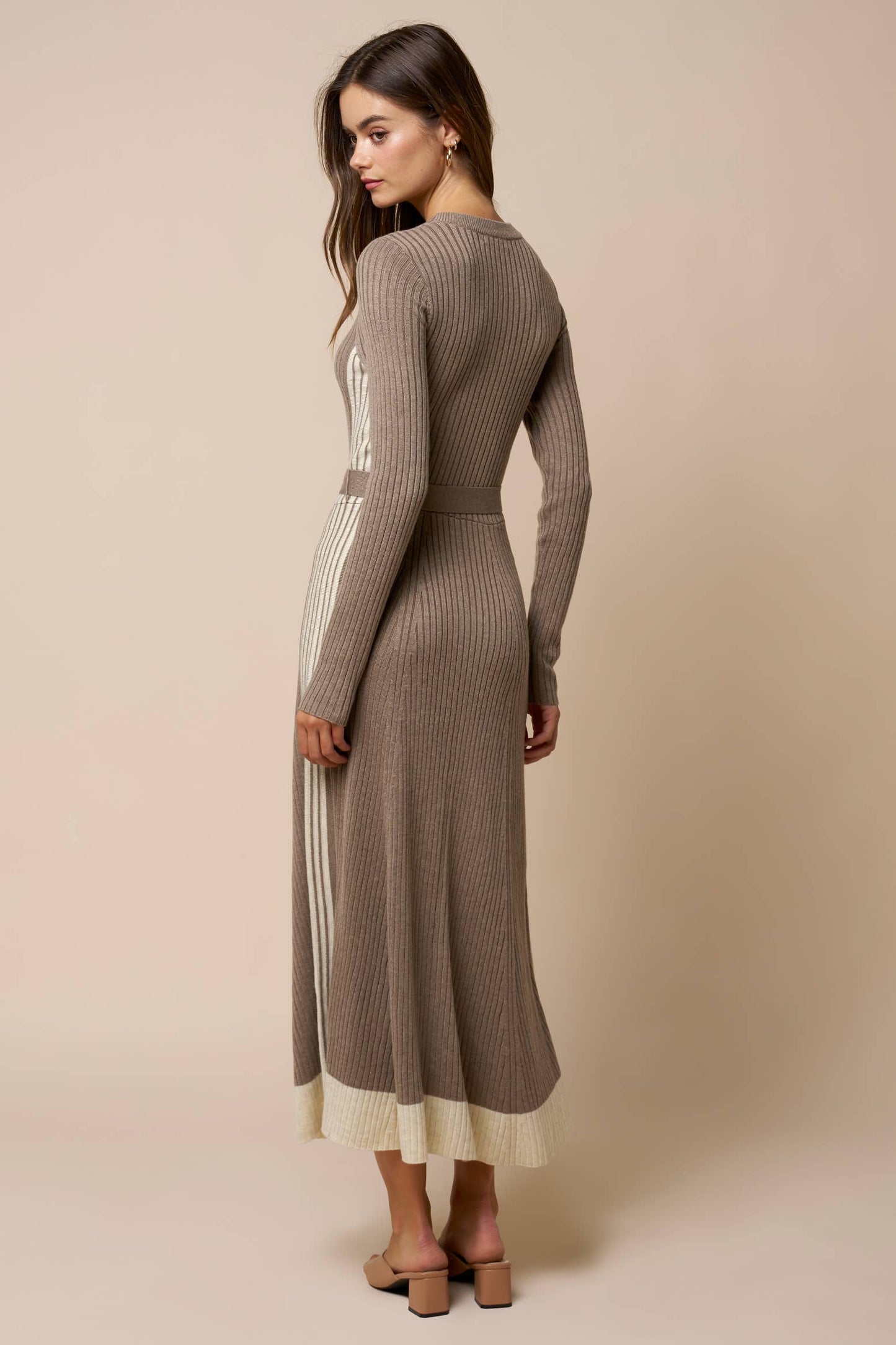 Color Block Belted Long Sleeve Knit Maxi Dress: HT BROWN-CREAM / L - Pink Peonies