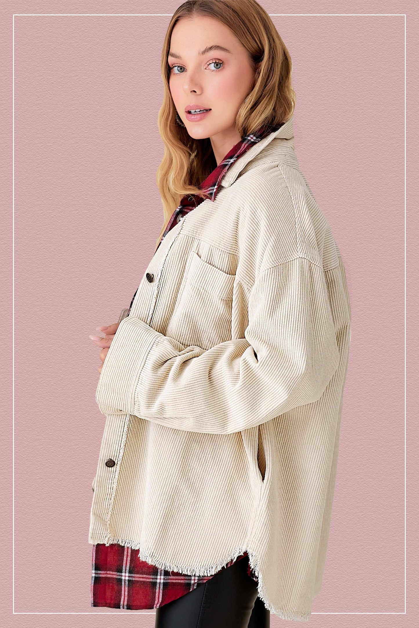 JKT1727-Corduroy Button Down Jacket Game Day Halloween: Ecru / L - Pink Peonies