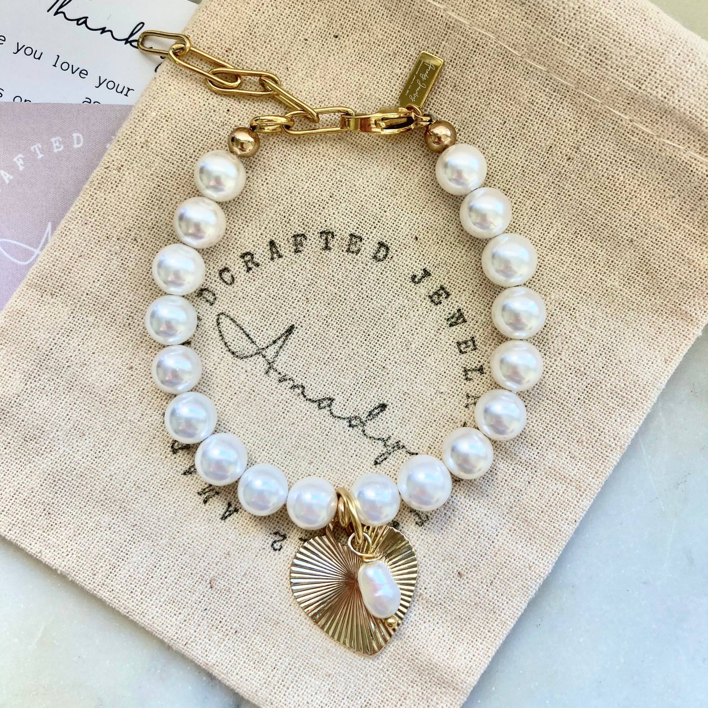 Freshwater pearl gold heart charmed bracelet coquette - Pink Peonies