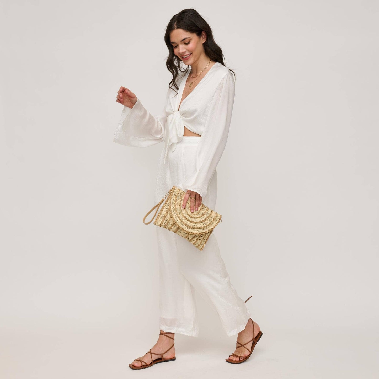 Golden Hour Ruffle Natural Ivory Clutch - Pink Peonies