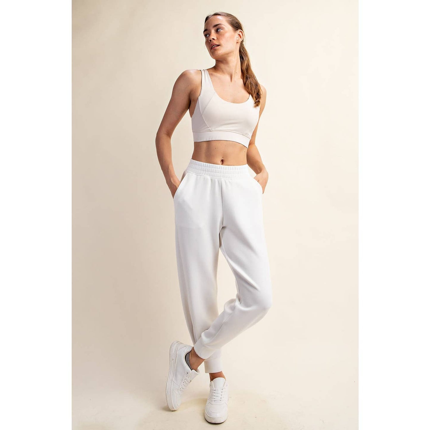 Modal Full Length Jogger Pants: Cream - Pink Peonies