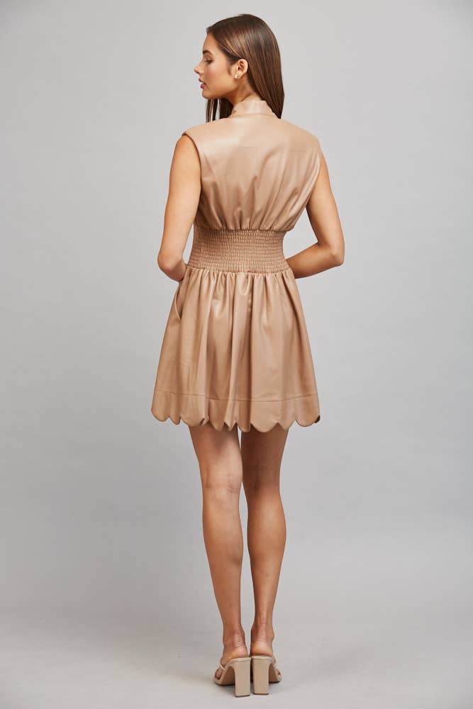 Faux Leather Smocked Waist Dress - Pink Peonies