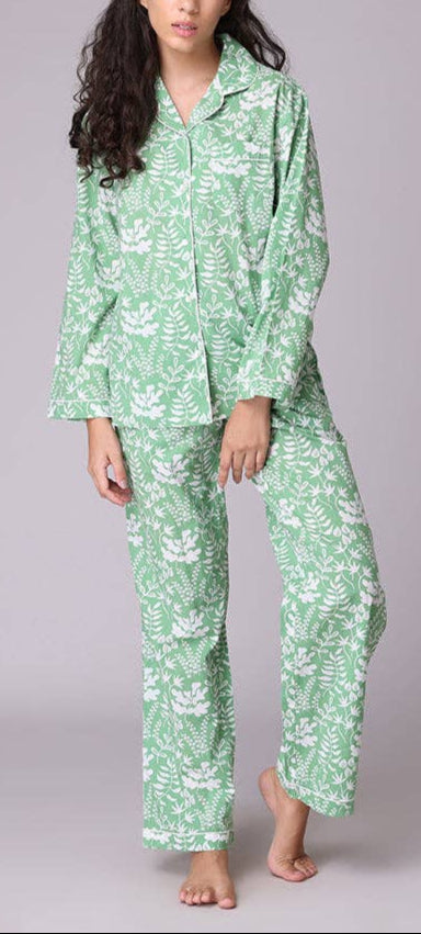 Green Botanical Lightweight Cotton Pajama Set - Pink Peonies