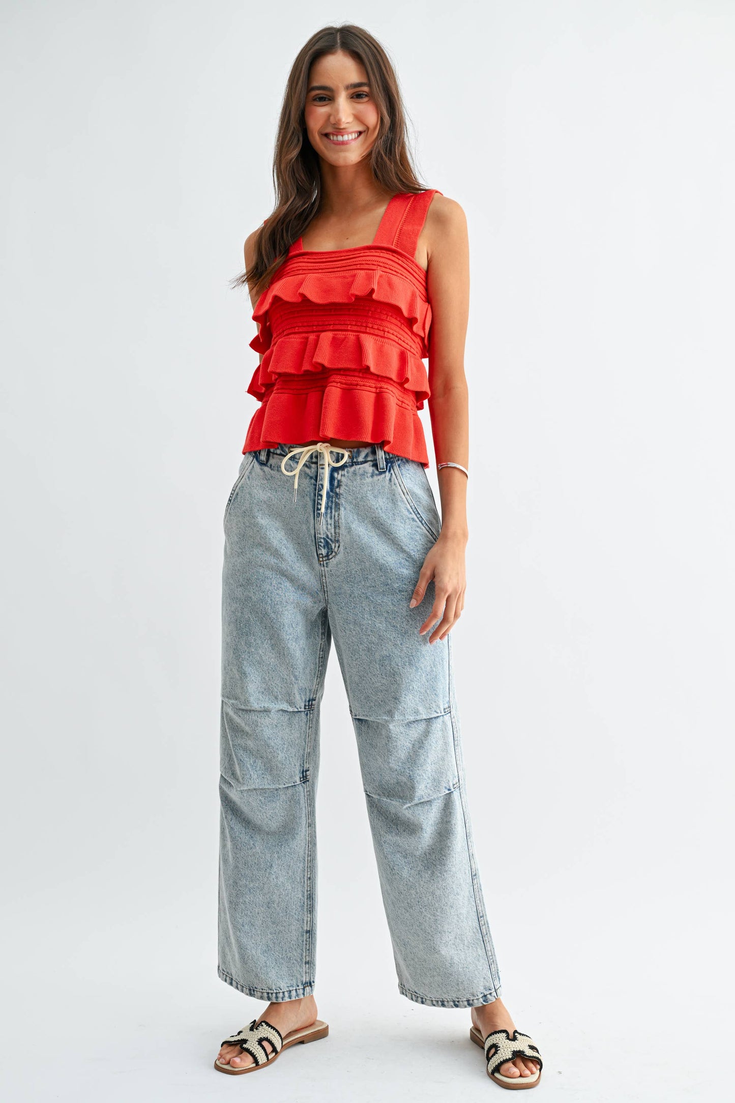 CW10030E Red Ruffled Knit Sleeveless Top: TOMATO RED / S-M-L (3-2-1) - Pink Peonies