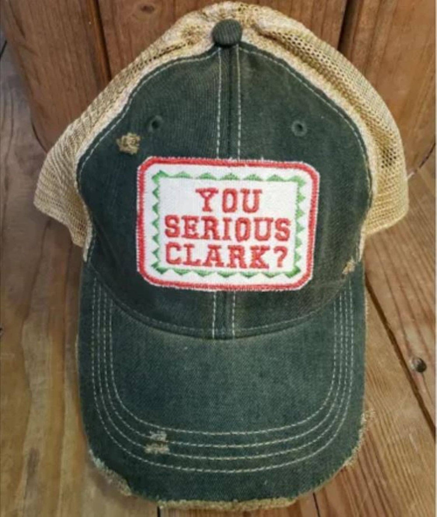 You Serious Clark? Distressed Embroidered Patch Mesh Back Baseball Hat - Pink Peonies
