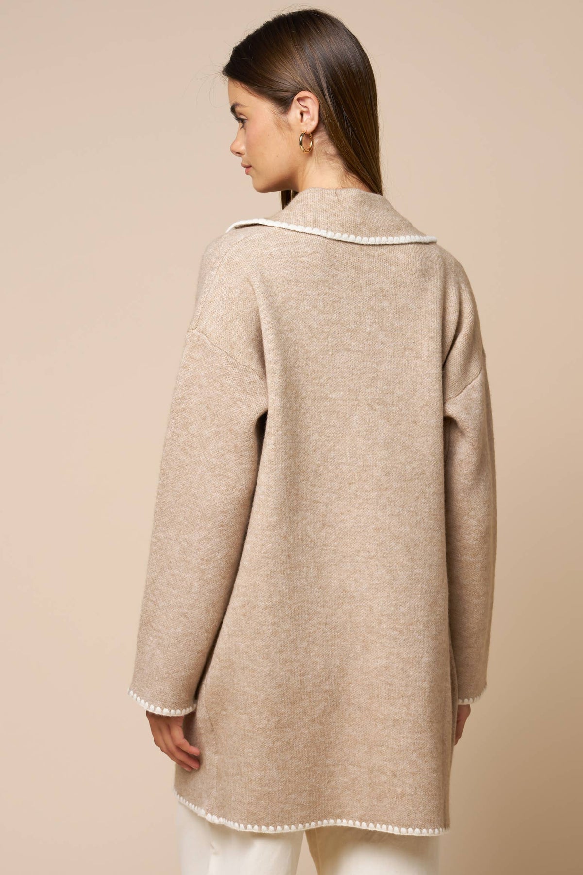Contrast Trim Button Front Coat: TAUPE / L - Pink Peonies