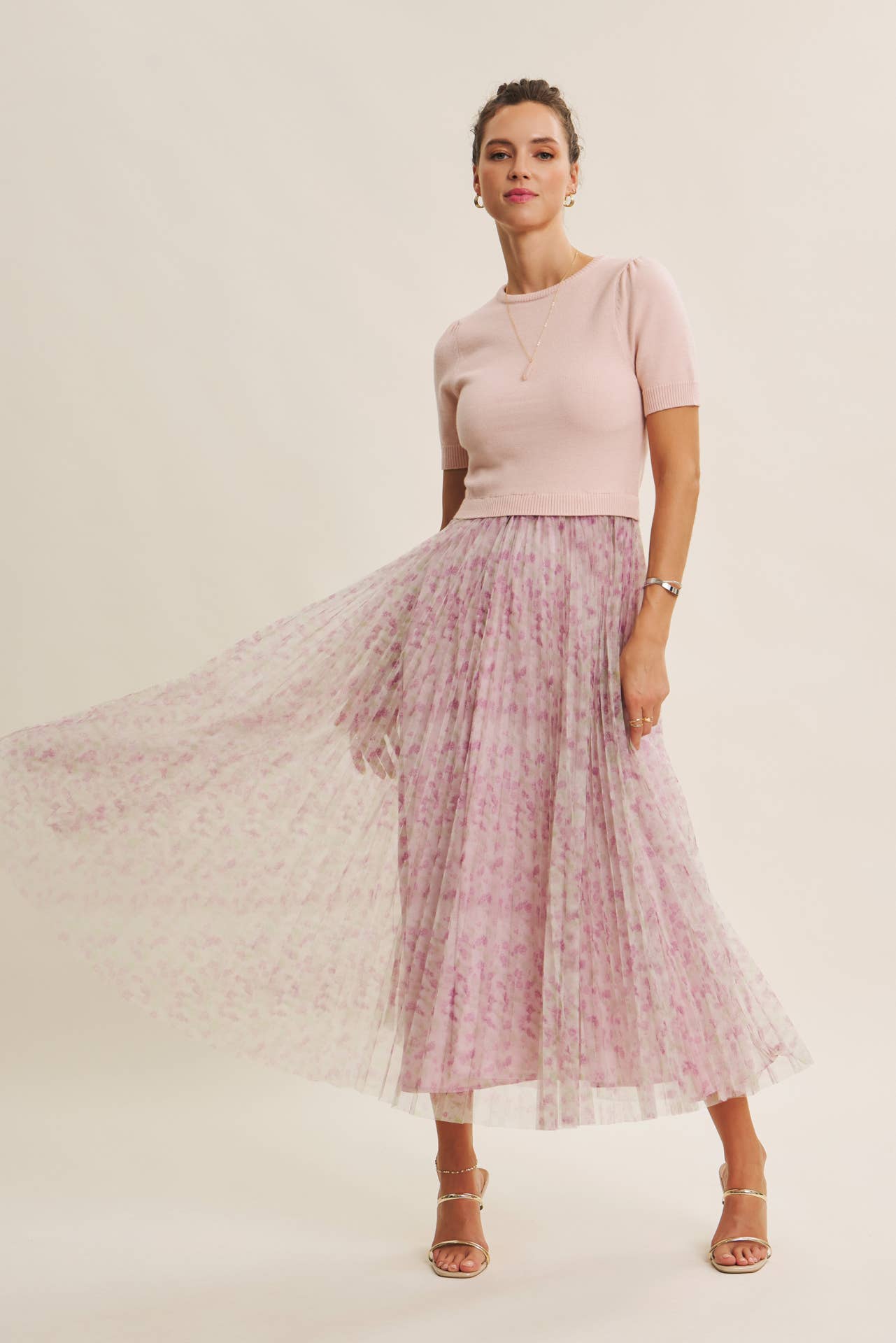 Field of Pleated Wildflowers Sweater Mix Media Midi Dress - Pink Peonies