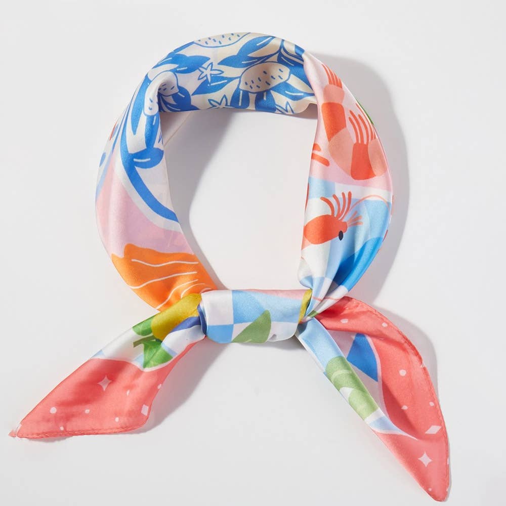 Seaside Feast Print Square Bandana Scarf: Coral - Pink Peonies
