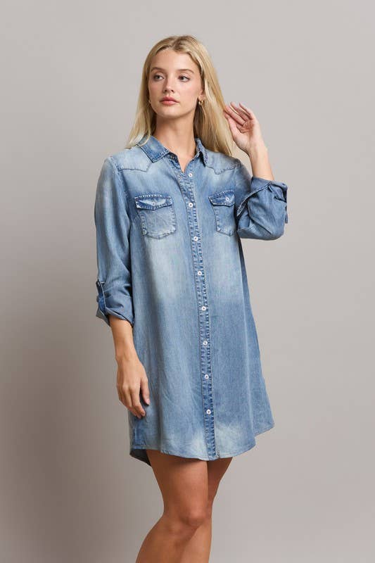 Tencel Denim Shirt Dress - Pink Peonies