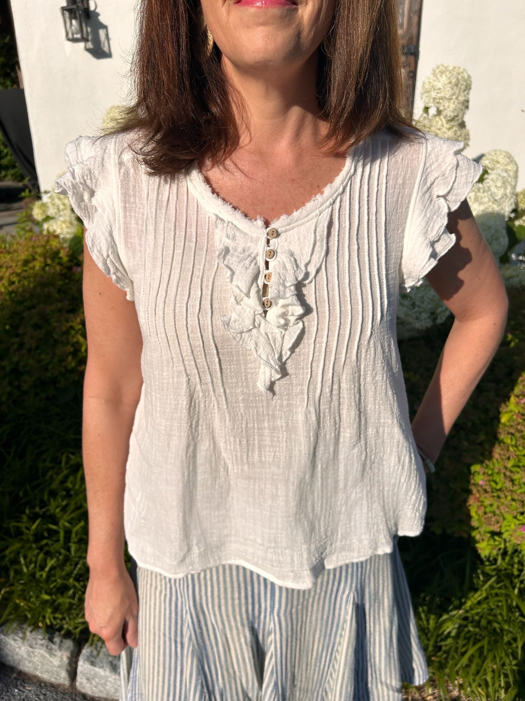 Boho Gauzy Button V-Neck Short Sleeve Top - Pink Peonies