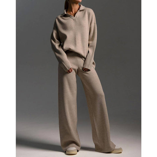 Long Sleeve Top and Pants Sweater Set: Khaki