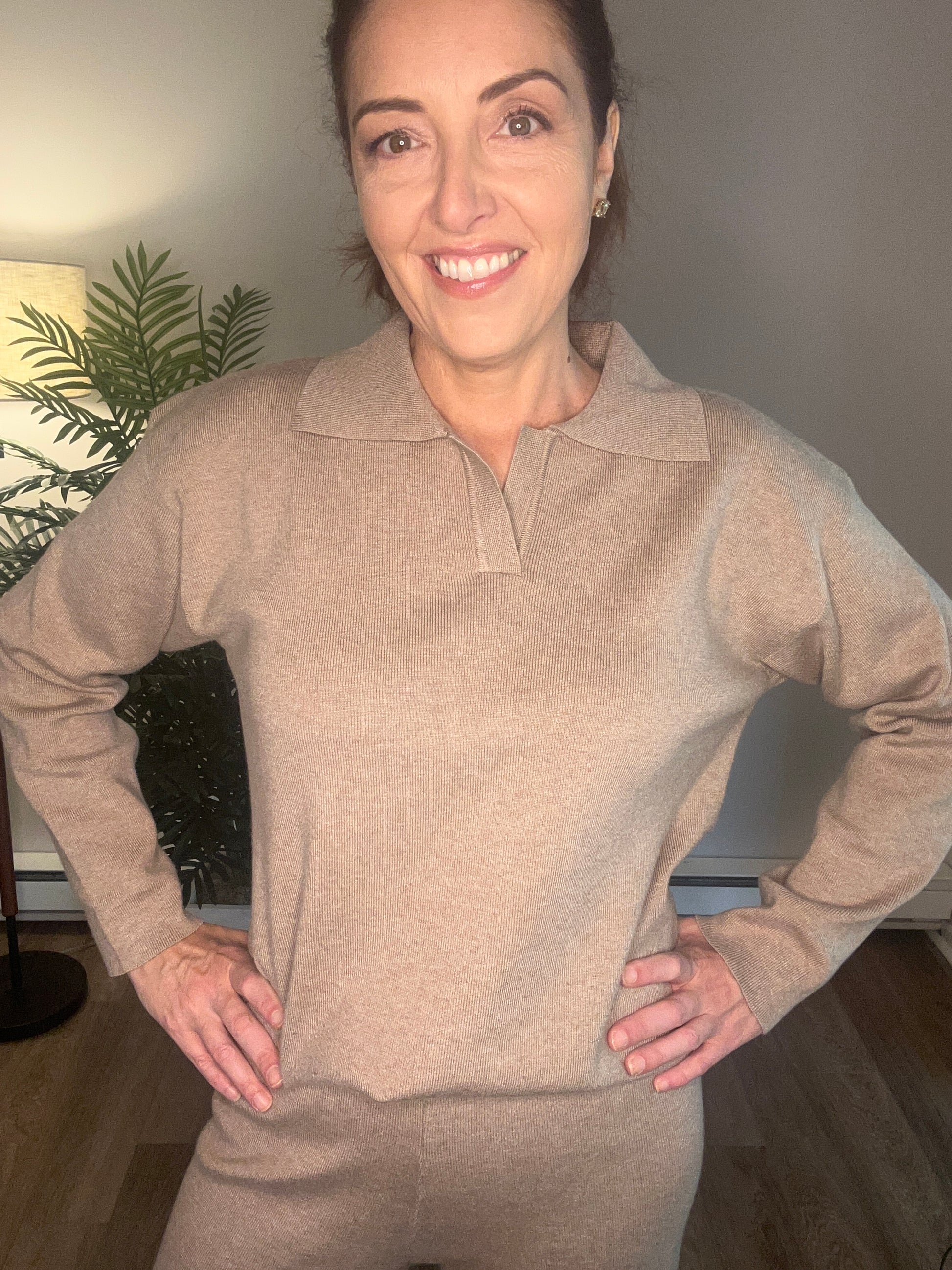 Long Sleeve Top and Pants Sweater Set: Khaki - Pink Peonies