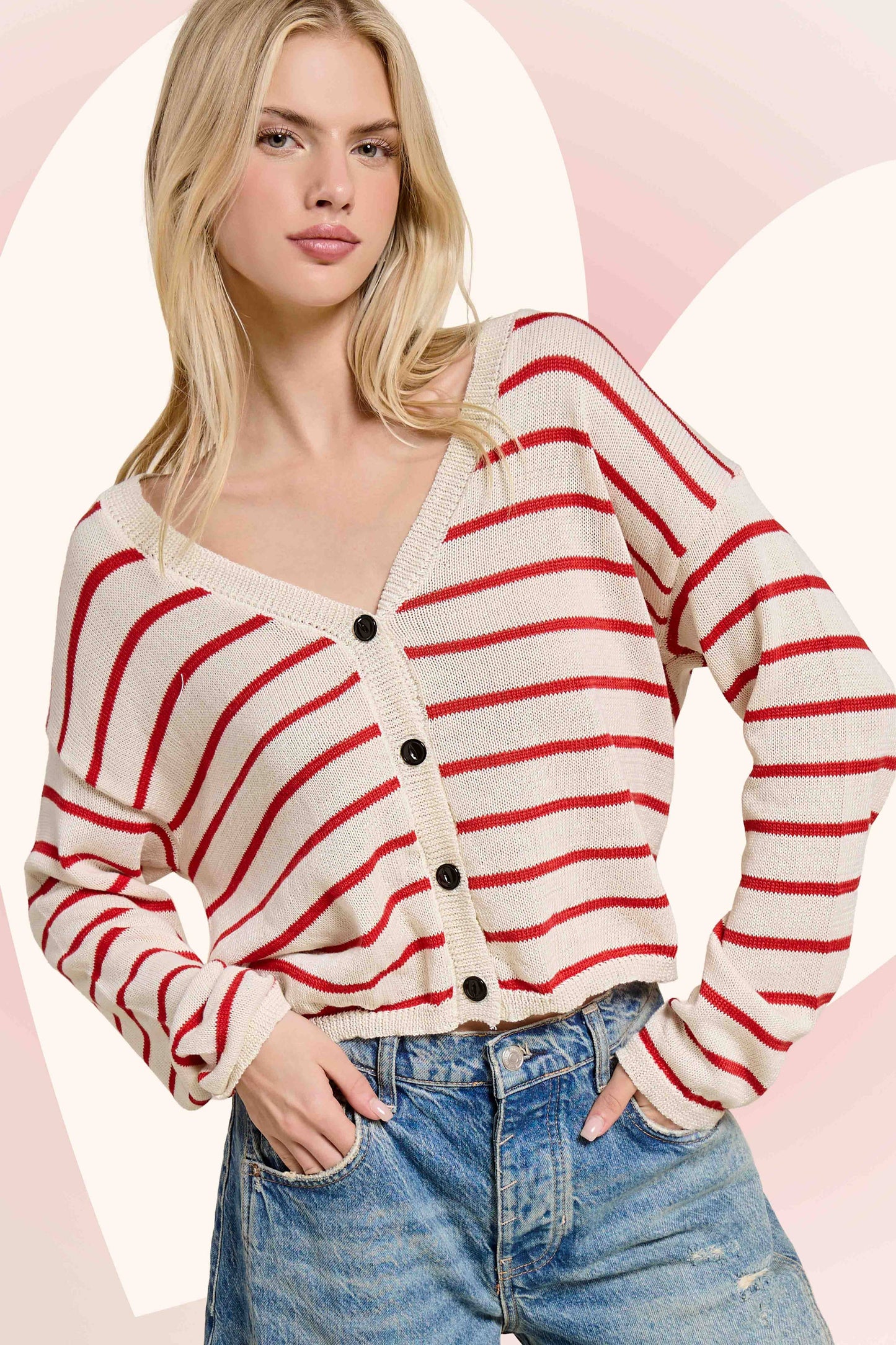 MDS3611-Relaxed Striped Summer V Neck Button Down Cardigan: Tomato / L - Pink Peonies