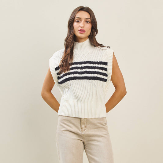 Striped button sweater vest: IVORY/NAVY / L - Pink Peonies
