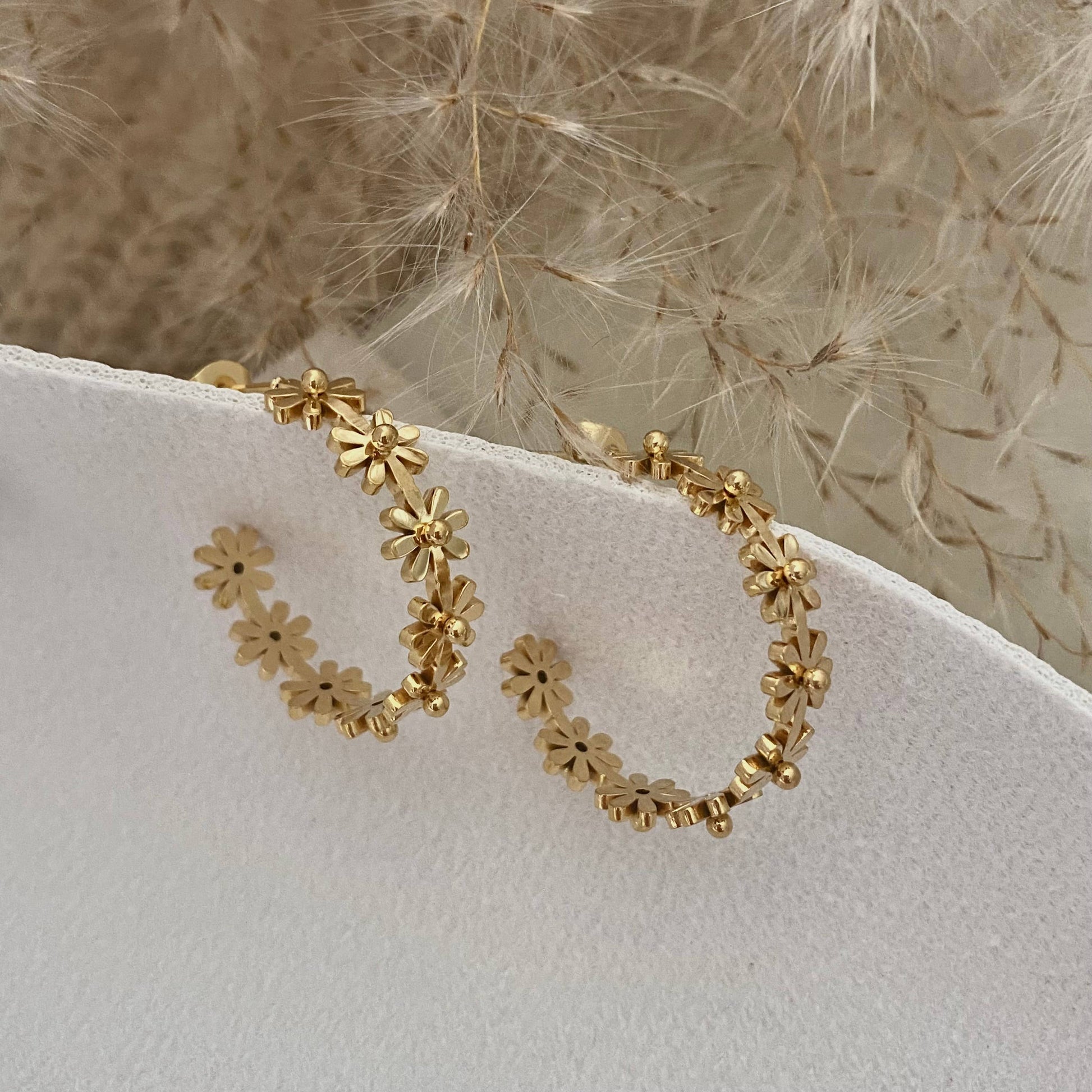 Flower Hoop Earrings 18K gold plated lightweight water resis - Pink Peonies