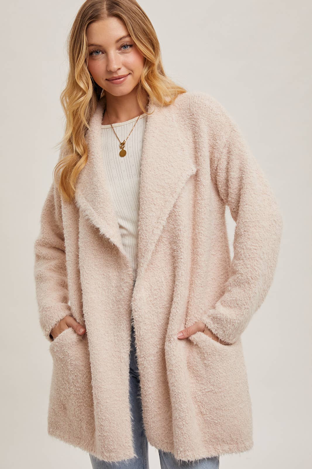 SOFT FUZZY DRAPE FRONT CARDIGAN: MUSHROOM / M/L - Pink Peonies