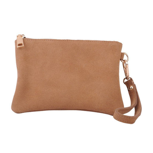 Genuine Suede Wristlet Pouch: Camel - Pink Peonies