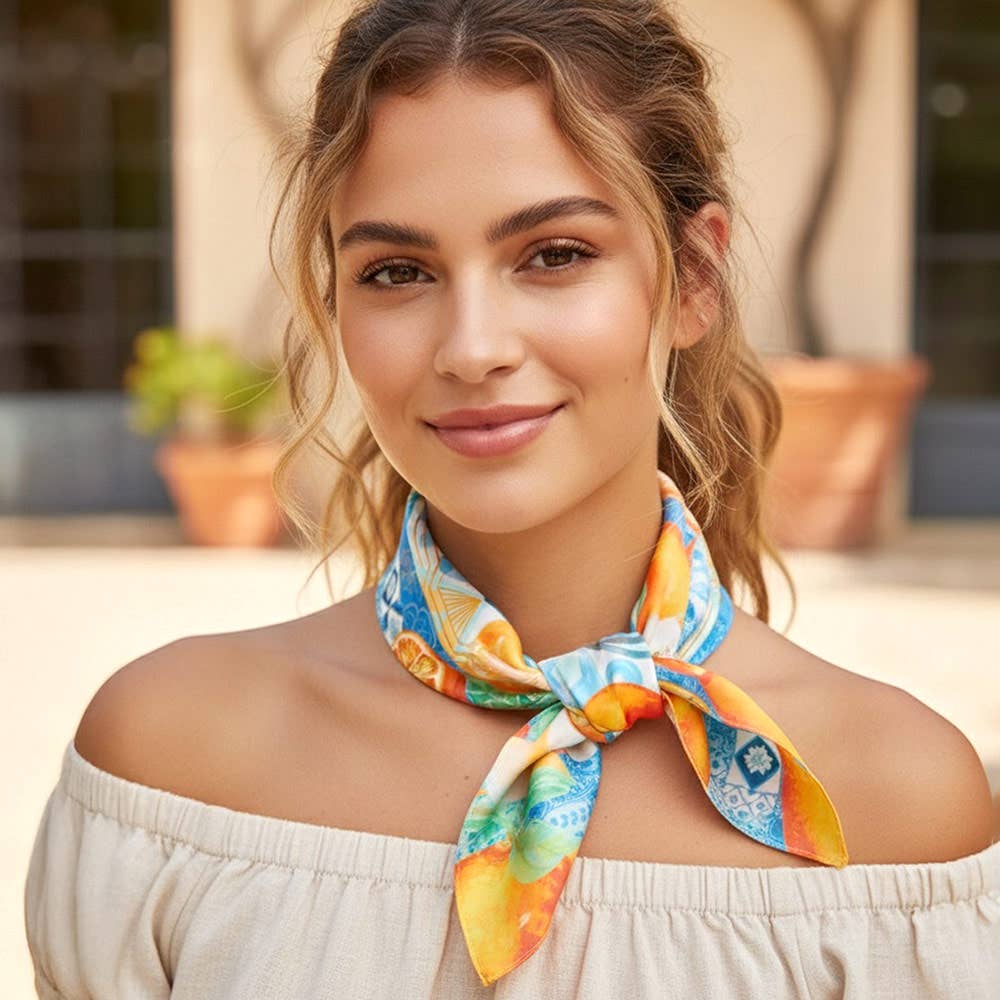 Orange Mosaic Print Square Bandana Scarf: Black - Pink Peonies