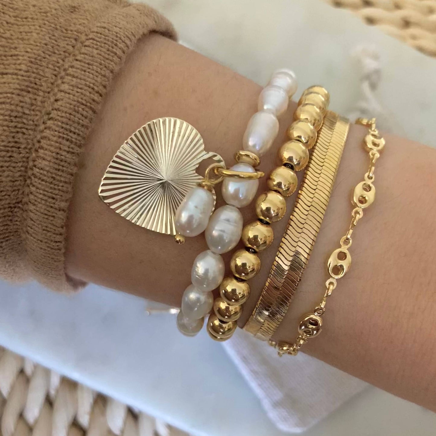 Gold beaded adjustable bracelet, 24k Gold-plated layering - Pink Peonies