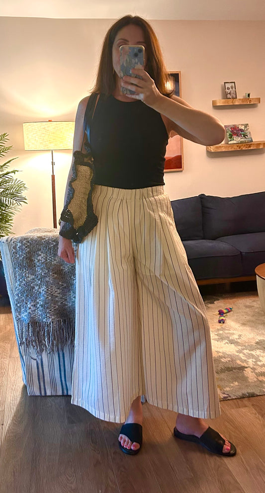 Elastic Waist Wide Leg Striped Palazzo Pants - Pink Peonies