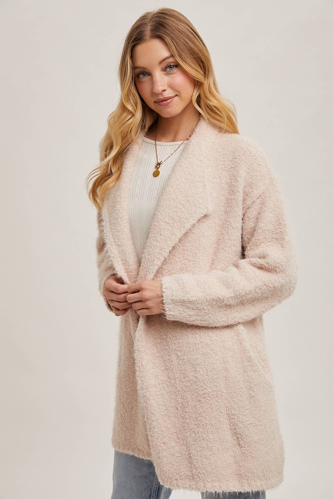 SOFT FUZZY DRAPE FRONT CARDIGAN: MUSHROOM / M/L - Pink Peonies
