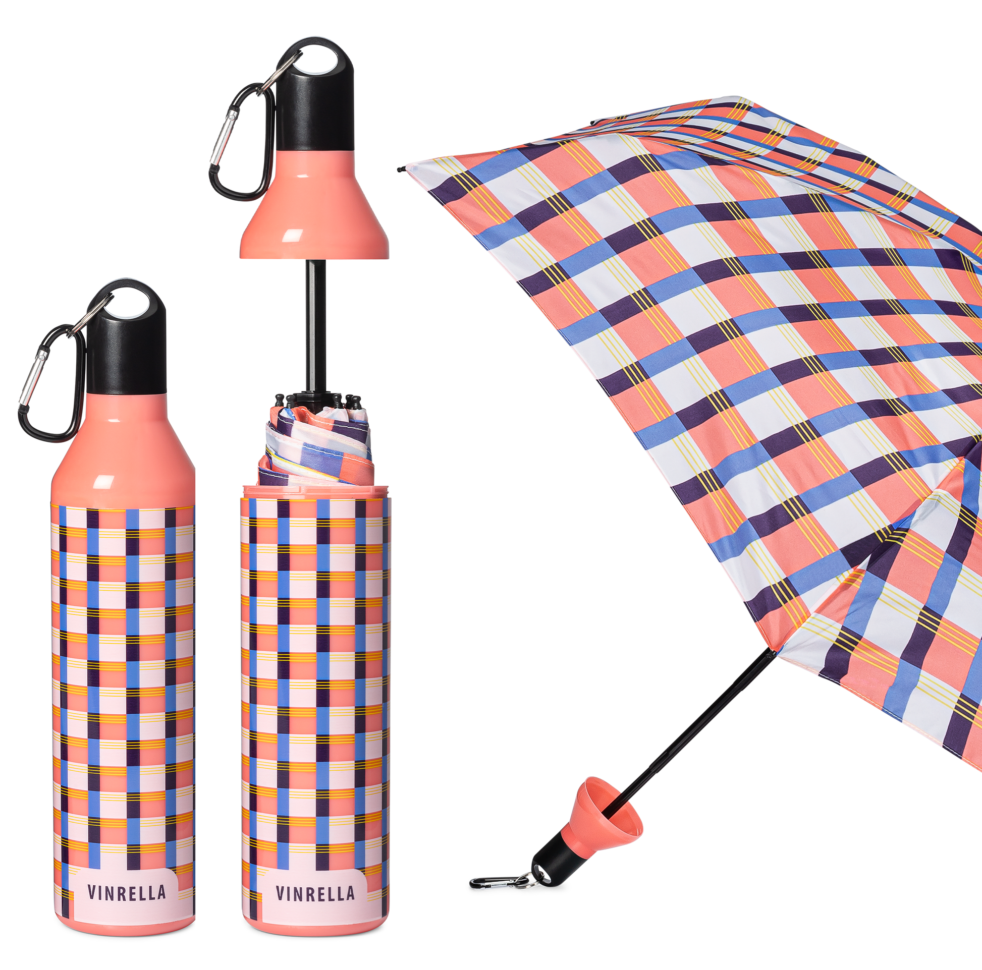 Gingham Pink Water Bottle Umbrella - Pink Peonies