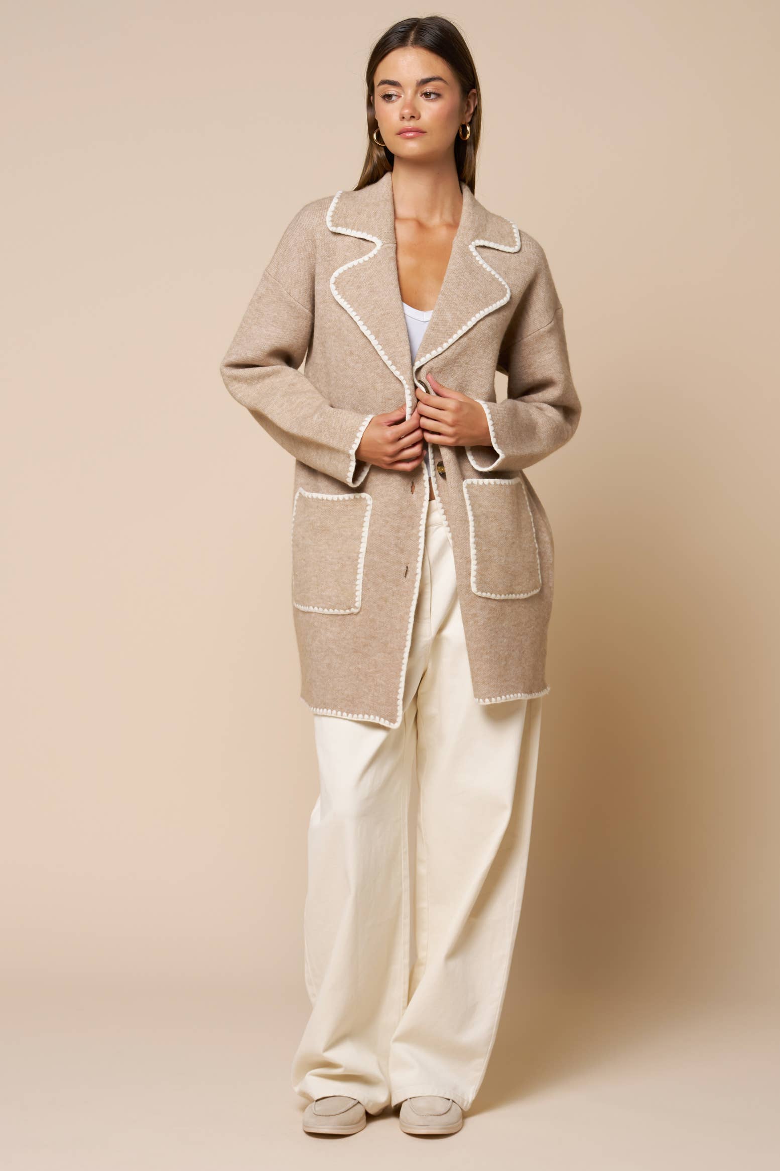 Contrast Trim Button Front Coat: TAUPE / L - Pink Peonies