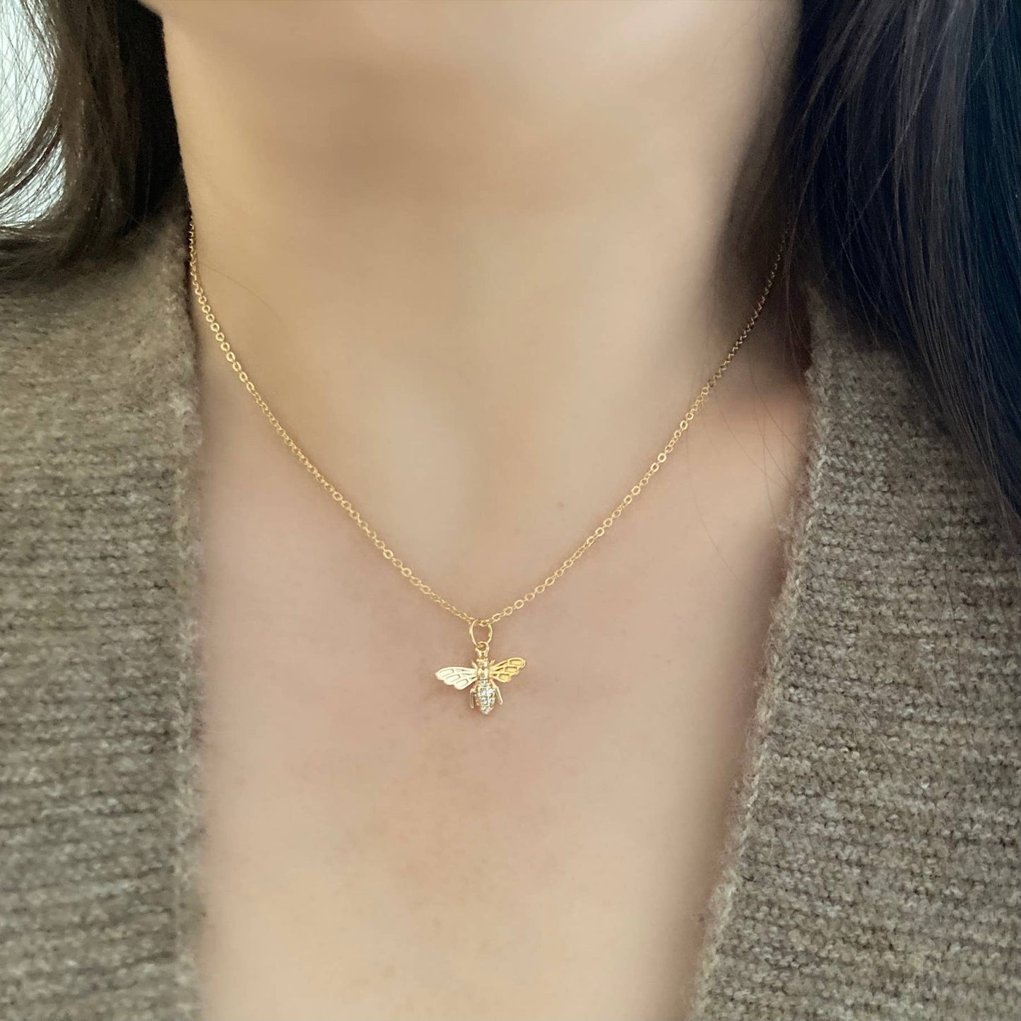 Honey Bee Queen Bee Pendant Charm chain necklace  - Pink Peonies