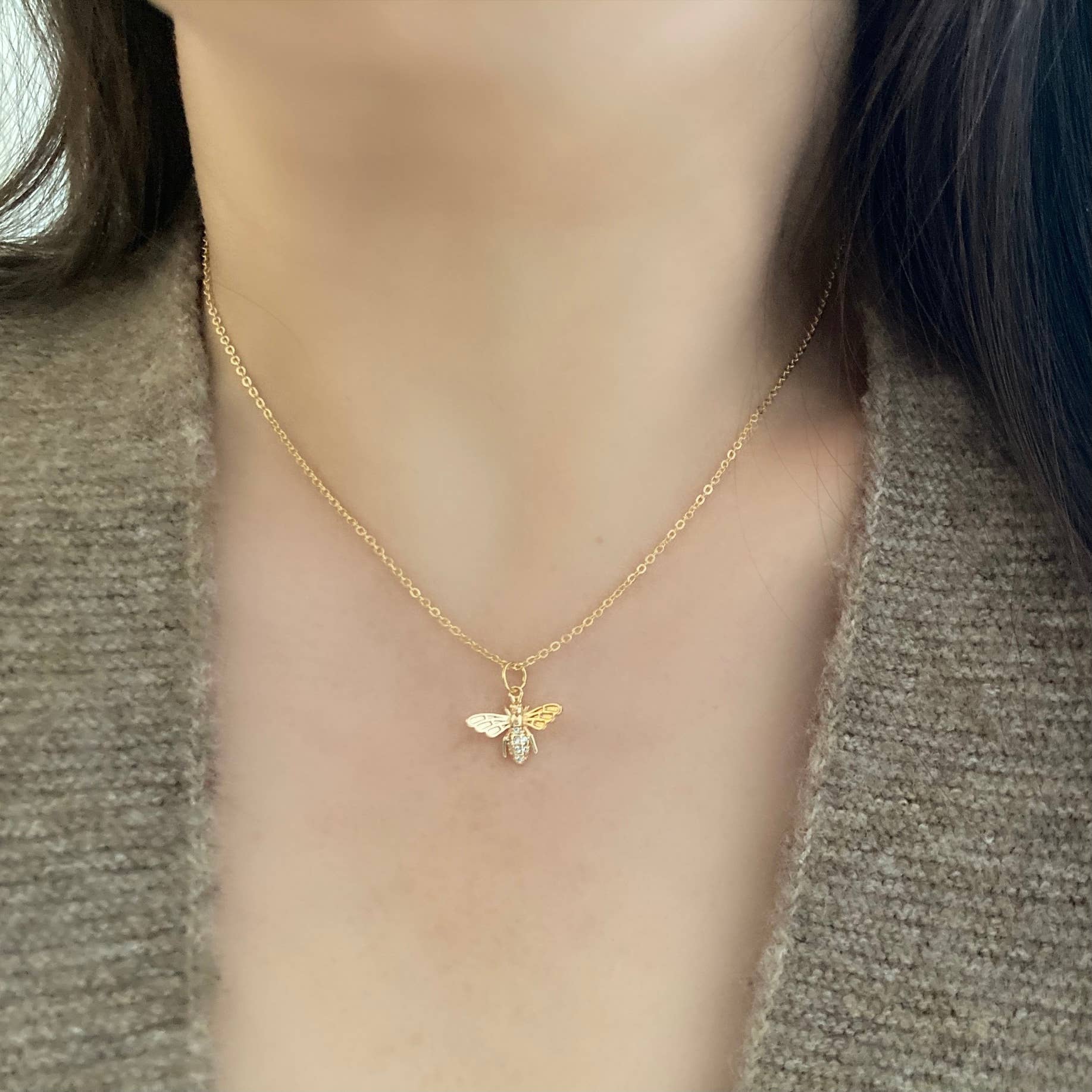 Honey Bee Queen Bee Pendant Charm chain necklace  - Pink Peonies